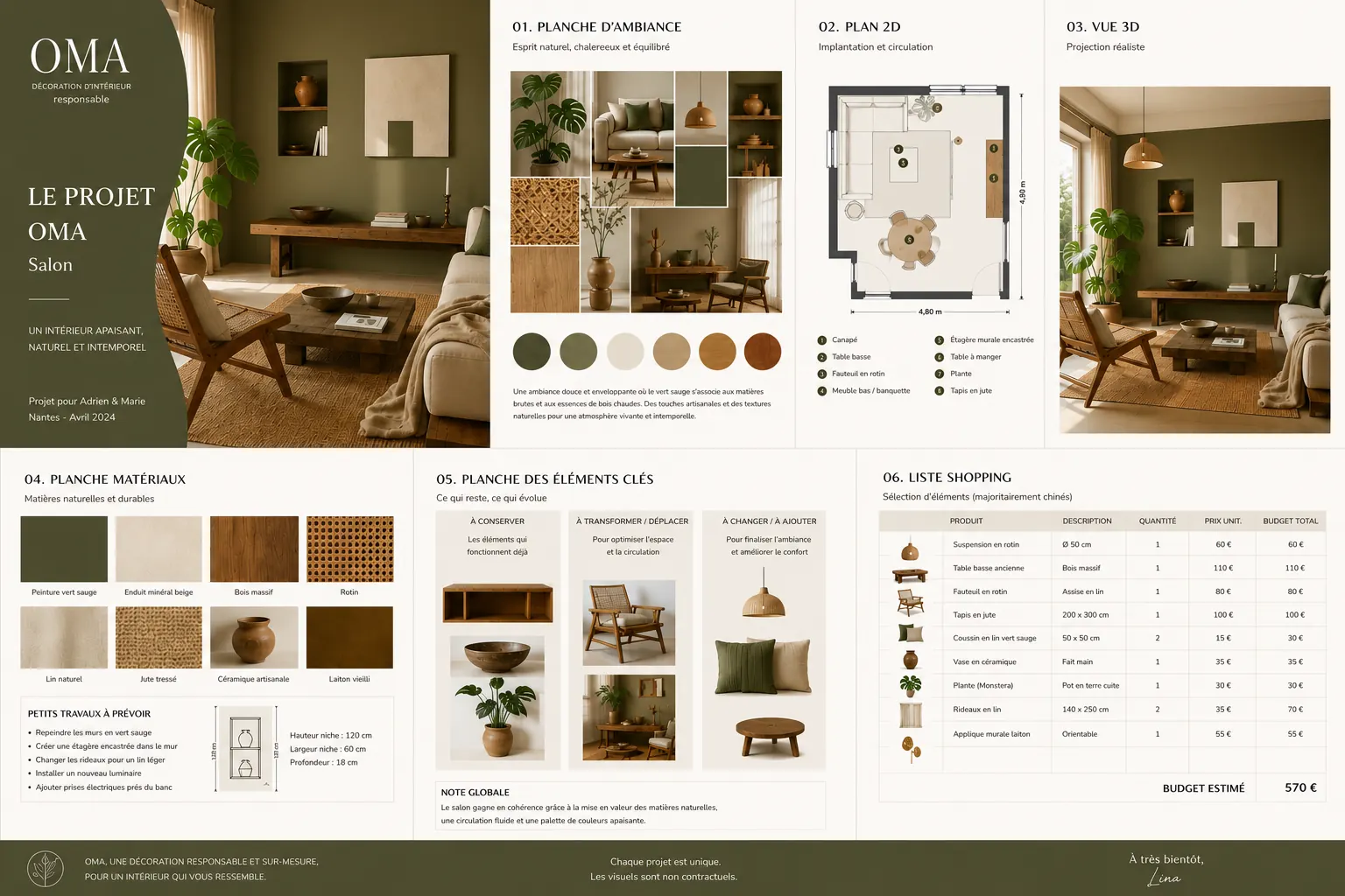 Planche du Carnet OMA — moodboard, plan 2D, vue 3D et liste shopping