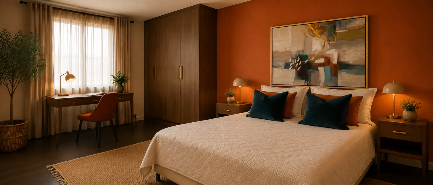 Coin bureau installé dans une chambre : plan de travail en bois près de la fenêtre, chaise de travail et rangements fermés