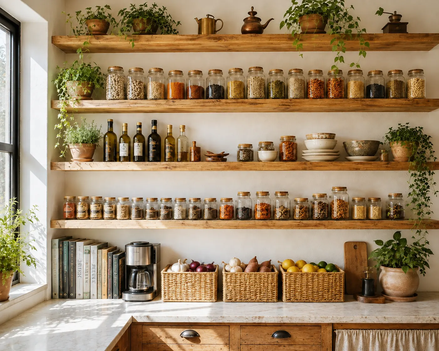 Garde-manger organisé : bocaux en verre alignés sur des étagères en bois, paniers de fruits et légumes, plantes aromatiques