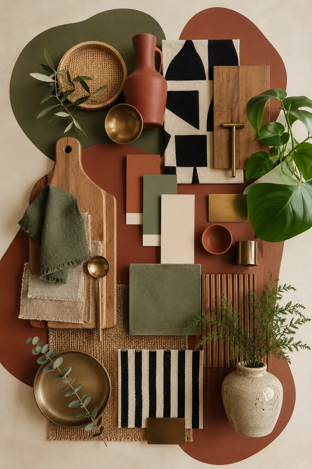 Planche de matières et de couleurs : échantillons de peinture terre cuite et vert olive, bois, lin, grès et laiton